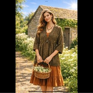 Cottagecore Textured Knit Cardigan Olive Brown Turquoise Open Front Sweater